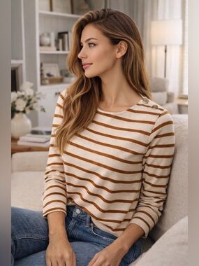 Sézane Cream Brown Stripe Breton Top 100% Cotton Button Shoulder Small NWOT